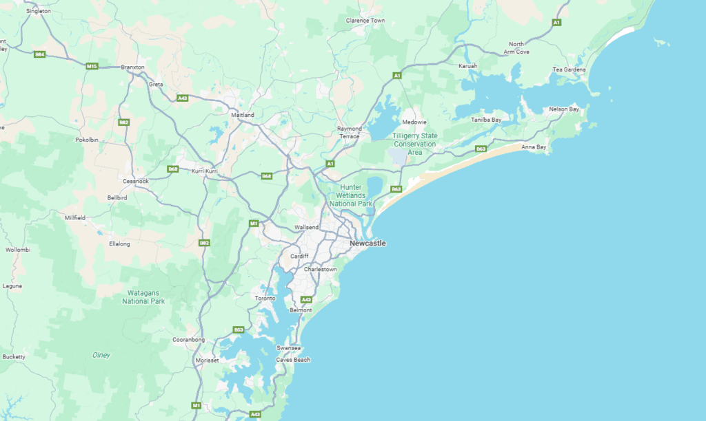 Map of Newcastle NSW and surrounding area indicating our service area.